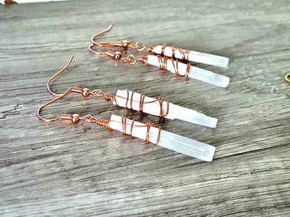 Handmade Metal Wire Wrapped Dangle Pair Earrings Selenite Gemstone Stone Size 15To20MM Pencil Shape Wire Wrapped Setting Earring Foe Women's Gift Jewelry