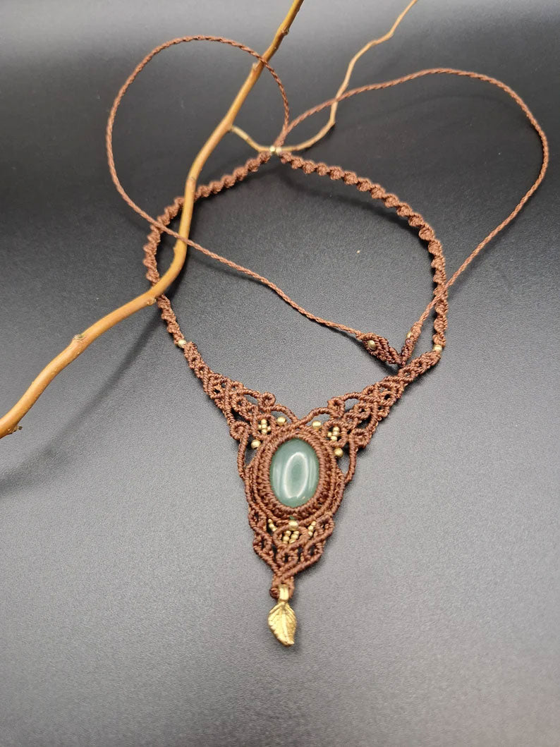 Green Jade Macrame Leaf Necklace | Artisan Hand-Knot Jewelry