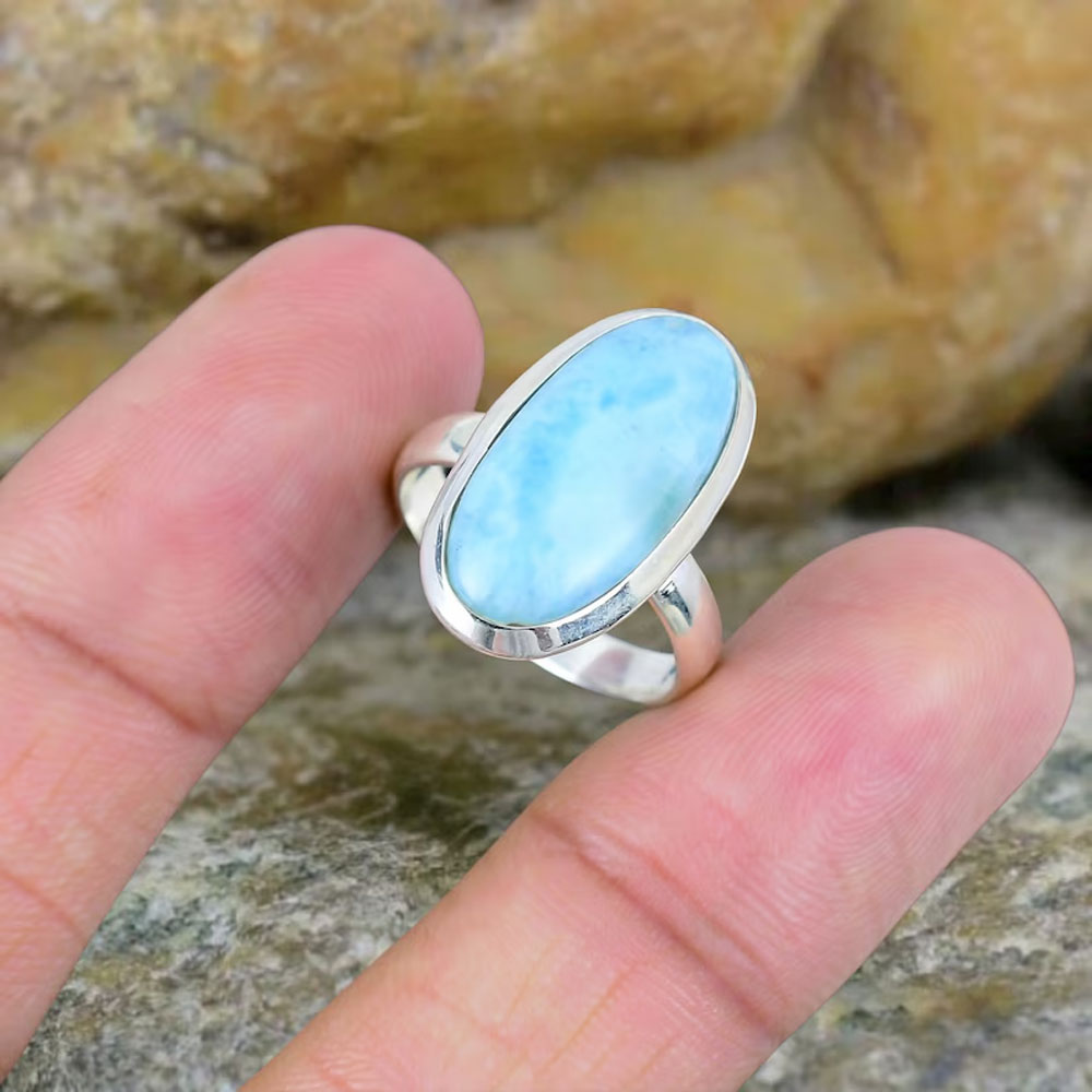 2025 Trendy Crafted By Hand Sterling Silver Rings 10X14MM Oval Shaped Larimar Gemstone Bezel Setting For Anniversary Gift Women or Men Jewelry For Her