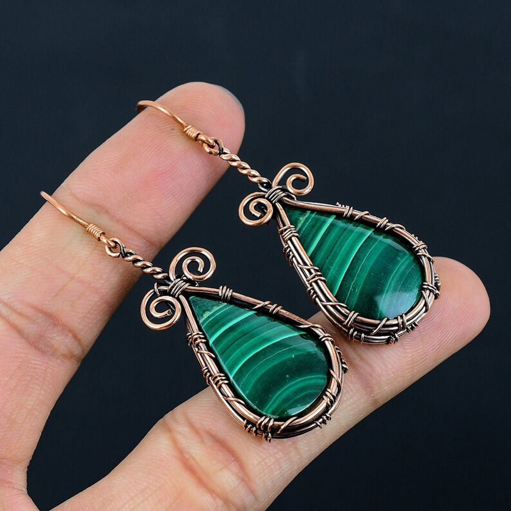 Handmade Metal Wire Wrapped Dangle Pair Earrings Malachite Gemstone Stone Size 20MM Pear Shape Wire Wrapped Setting Earring Foe Women's Gift Jewelry