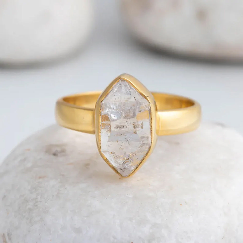 Trendy 925 Sterling Silver Gold Plated Gems Rings 8To10MM Handmade Herkimer Raw Stone Raw Shape Bezel Set Ring For Her Jewelry