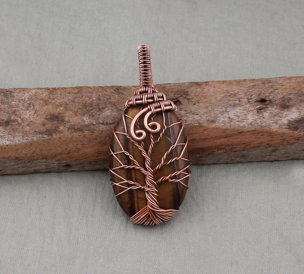 Handmade Copper Bezel With Tree Wire Wrapped Pendant Oval Shape 25To30MM Tiger Eye Stone Pendant For Happy Birthday Gift's