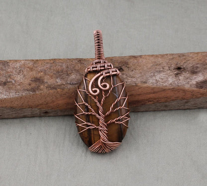 Handmade Copper Bezel With Tree Wire Wrapped Pendant Oval Shape 25To30MM Tiger Eye Stone Pendant For Happy Birthday Gift's
