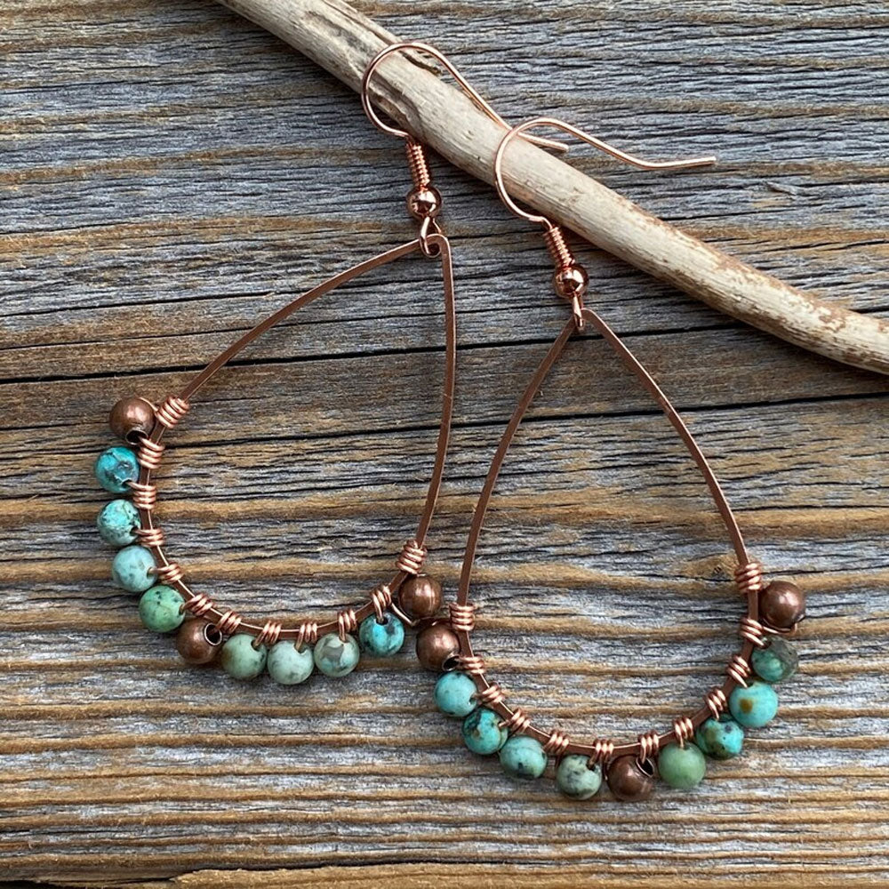 Handmade Metal Wire Wrapped Dangle Pair Earrings Turquoise Beads Gemstone Stone Size 3X5MM Round Shape Wire Wrapped Setting Earring Foe Women's Gift Jewelry