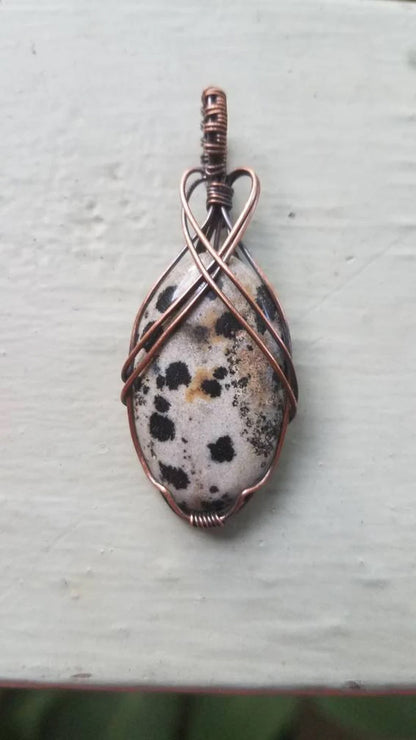Handmade Copper Bezel With Wire Wrapped Pendant Oval Shape 25To30MM Dalmatian Stone Pendant For Happy Birthday Gift's