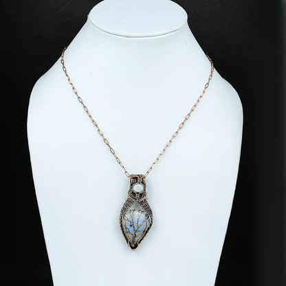 Handmade Copper/Brass Bezel With Tree Wire Wrapped Pendant Pear Shape 25To30MM Rainbow Moonstone Pendant For Happy Birthday Gift's