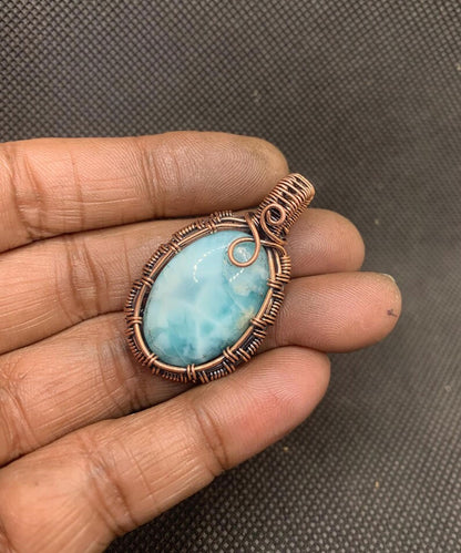 Natural Larimar Gemstone Handmade Copper Pendant