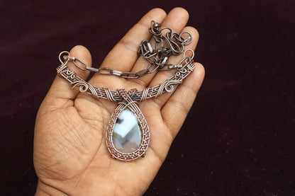 Handmade Wire Wrapped Brass Necklace Stone Size 25To30MM Pear Shape White Onyx Stone Bezel Set Necklace For Happy Birthday Gift For Women