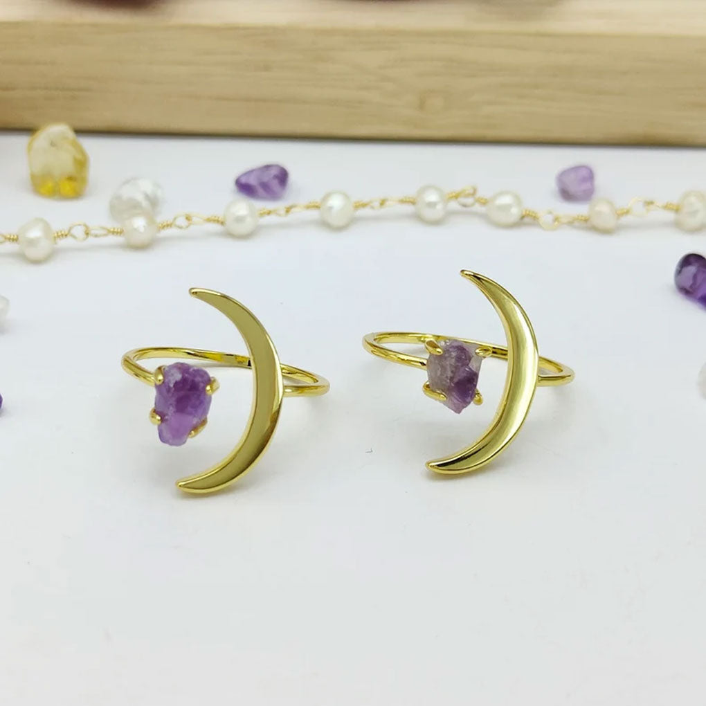 Trendy 2025 Half Moon Shape 15mm 925 Sterling Silver Gold Plated Ring With Amethyst Raw Gemstone Crafted By Hand Jewelry Fine Ring Prong Setting For Anniversary Gift's Women or Men Jewelry For Her