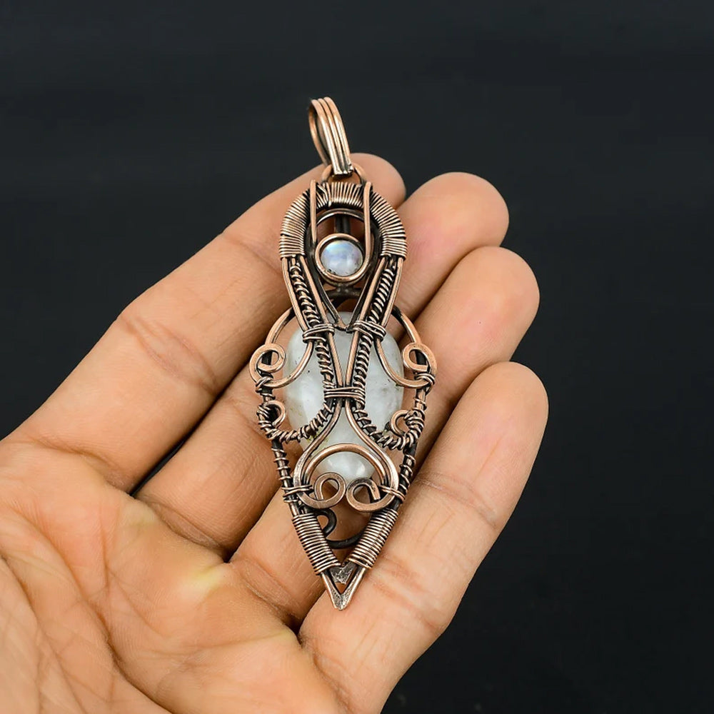 Awesome Handmade Copper/Brass Bezel With Wire Wrapped Pendant Pear Shape 25To30MM Rainbow Moonstone Pendant For Happy Birthday Gift's