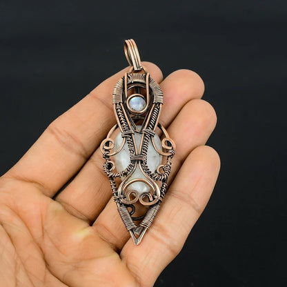 Awesome Handmade Copper/Brass Bezel With Wire Wrapped Pendant Pear Shape 25To30MM Rainbow Moonstone Pendant For Happy Birthday Gift's