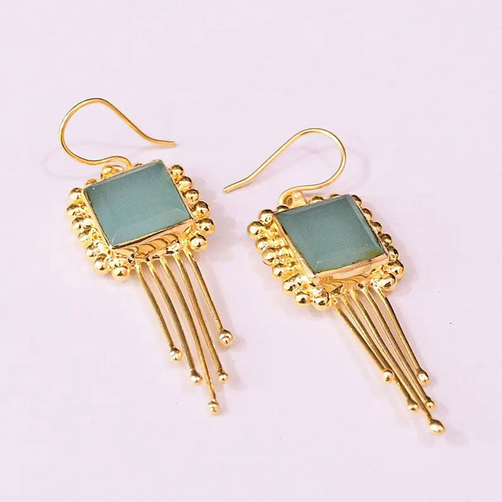 Designer Gold Plated Square Blue Chalcedony Fringe Earrings