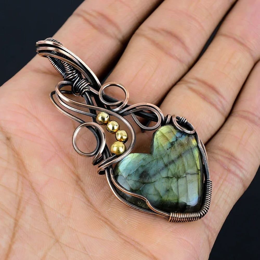 Awesome Handmade Copper/Brass Bezel With Wire Wrapped Pendant Heart Shape 20To25MM Labradorite Stone Pendant For Happy Birthday Gift's