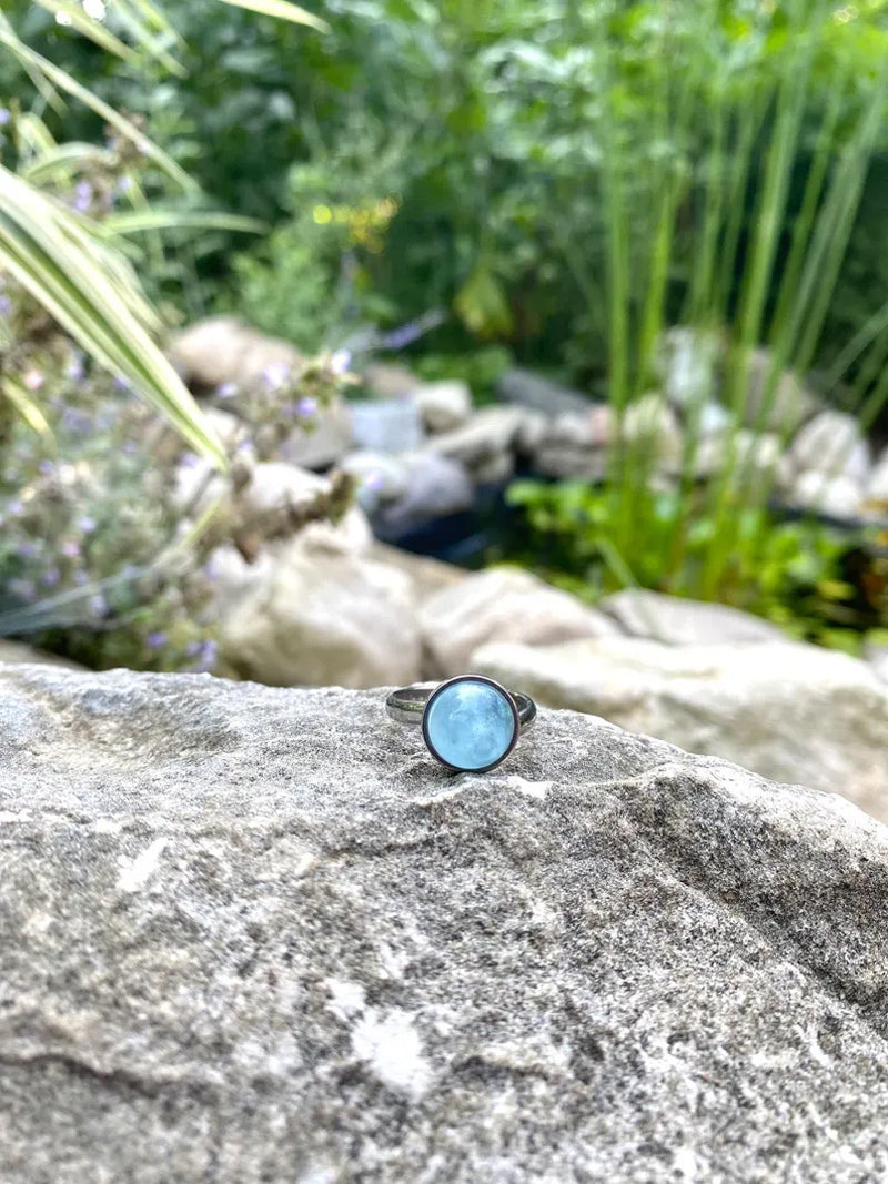 Rainbow Moonstone Gems Round 10MM Handmade Sterling Silver Gold Ox side Ring Bezel Set  For Anniversary Gift Women or Men Jewelry For Her