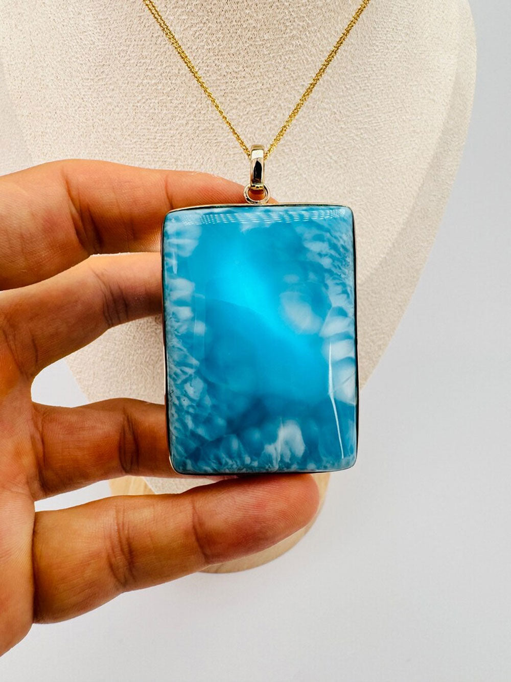 Natural Larimar Gemstone Brass Pendant Rectangle Shape