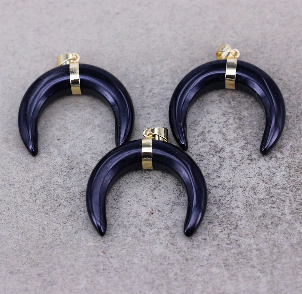 OX-Horn Pendant Natural Crescent Moon Pendants 12mm Natural Multi Color Gemstone 925 Sterling Silver Bezel Set Anniversary Gift's Women or Men Jewelry For Her