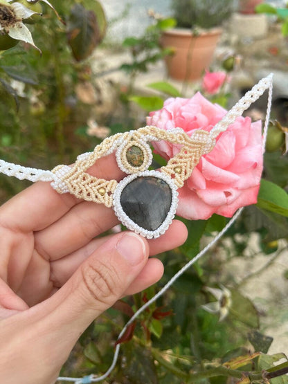 White & Gold Macrame Dual-Stone Necklace | Hari Om Creations