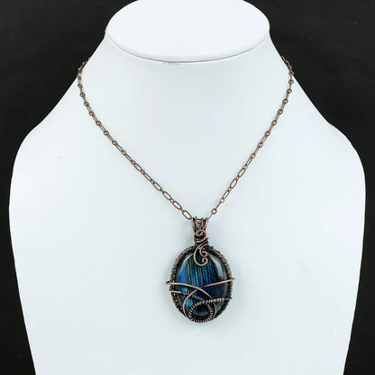 Awesome Handmade Copper/Brass Bezel With Wire Wrapped Pendant Oval Shape 20To25MM Labradorite Stone Pendant For Happy Birthday Gift's