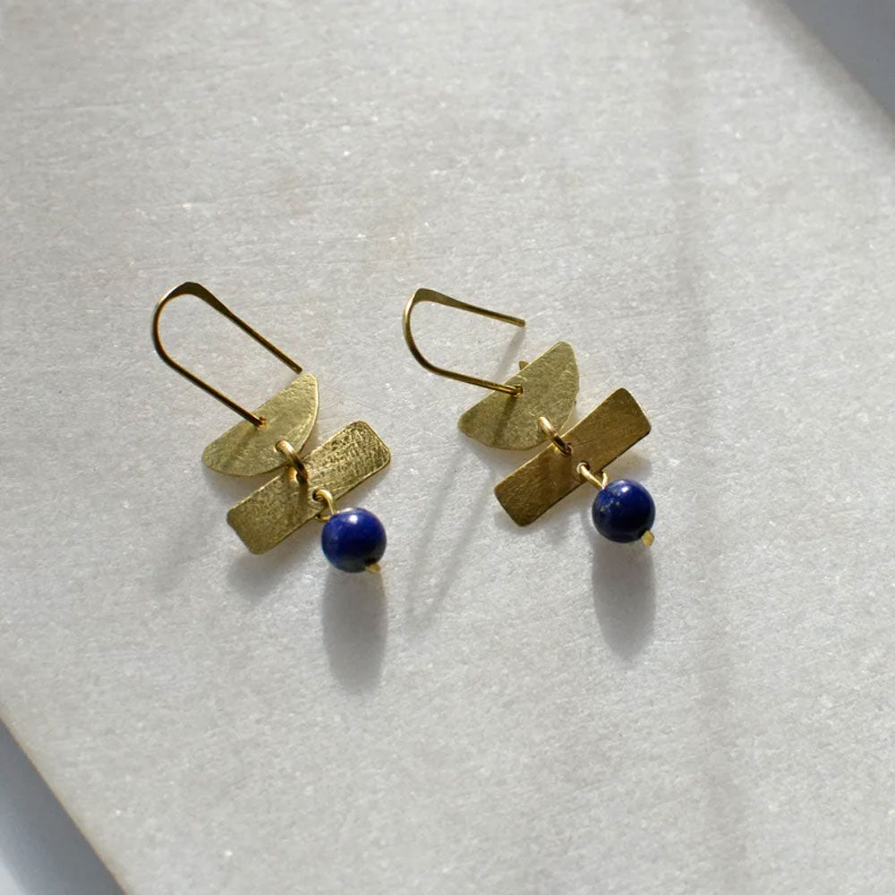 Lapis Lazuli Geometric Earrings | Handmade Brass Jewelry