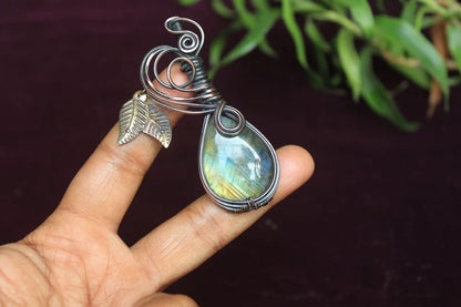 Handmade Brass Wire Wrapped Pendant Pear Shape 25MM Labradorite Stone Pendant For Anniversary Gift for Wife Jewelry