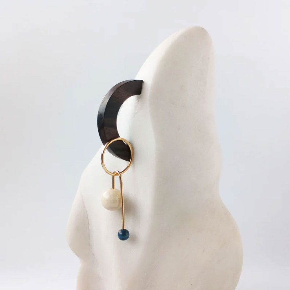 Modern Hoop Earrings with Wood & Blue Beads | Gold Plated