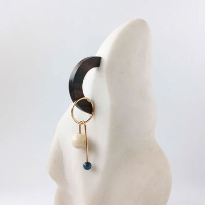 Modern Hoop Earrings with Wood & Blue Beads | Gold Plated