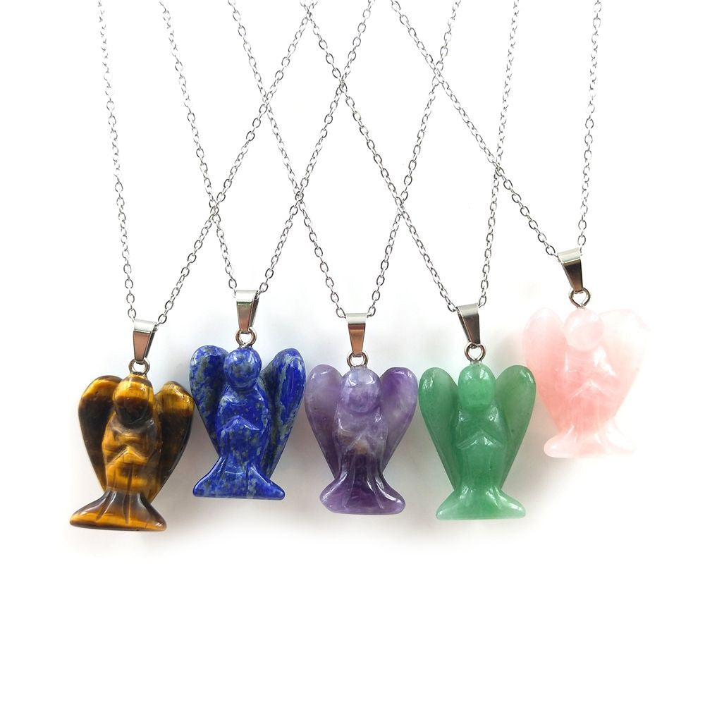 Angel Shape 15mm Pendant Natural Multi Gemstone Pendants With Chain 925 Sterling Silver Gold Plated Drilled Set Anniversary Gift's Women and girl Jewelry For Her