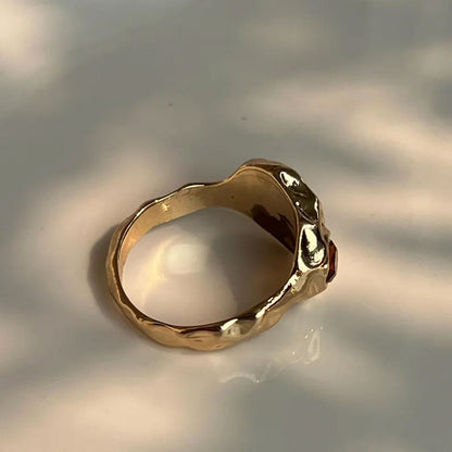Gold Organic Band Ring with Dual Garnet Gemstones
