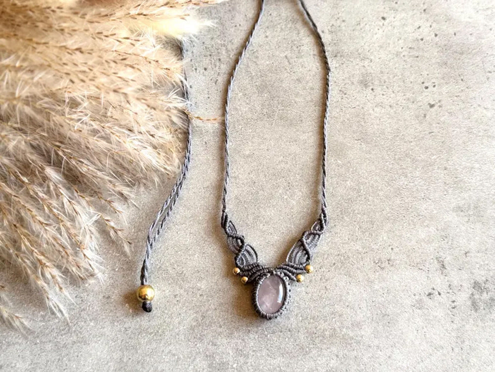 Crafted By Hand Macrame Necklace Oval Shape 15To20MM Approx Rose Quartz Gems Jewelry Awesome Necklace Gray Color Threads Bezel Set For Happy Birthday Gift Women Jewelry