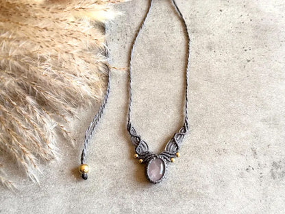 Crafted By Hand Macrame Necklace Oval Shape 15To20MM Approx Rose Quartz Gems Jewelry Awesome Necklace Gray Color Threads Bezel Set For Happy Birthday Gift Women Jewelry