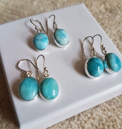 Handmade Larimar Gemstone Silver Dangle Pair Earrings