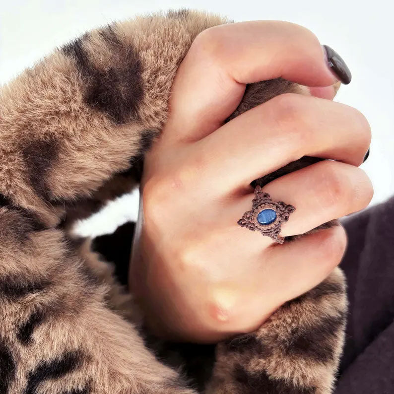 Hand-Woven Blue Gemstone Macrame Ring | Hari Om Creations