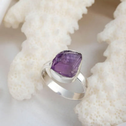 Sterling Silver Ring with Raw Purple Amethyst Crystal