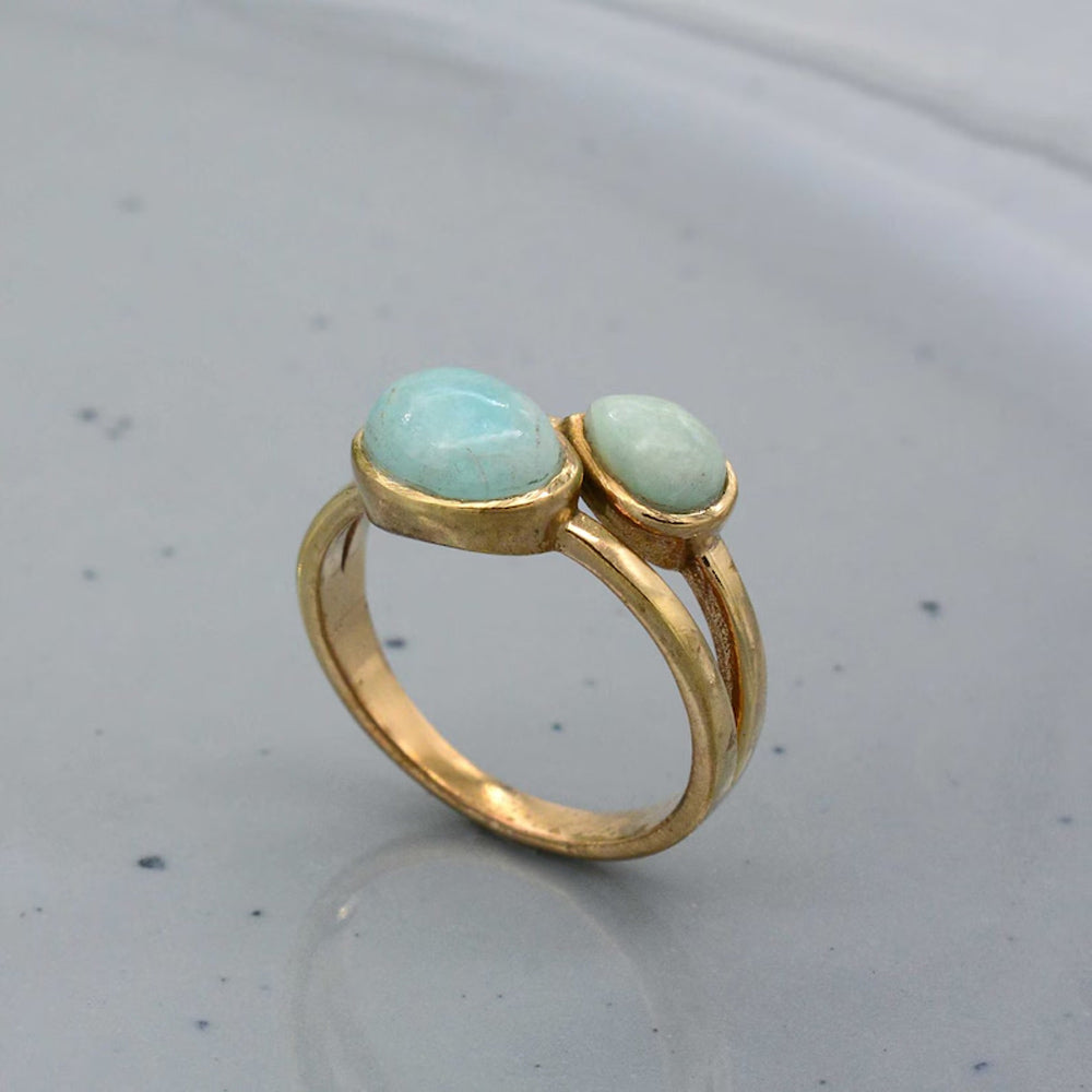 925 Sterling Silver Gold Plated Gemstone Rings Handmade Amazonite Stone Oval With Pear Shape Bezel Set Ring For Her Jewelry
