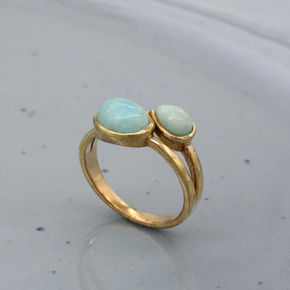 925 Sterling Silver Gold Plated Gemstone Rings Handmade Amazonite Stone Oval With Pear Shape Bezel Set Ring For Her Jewelry