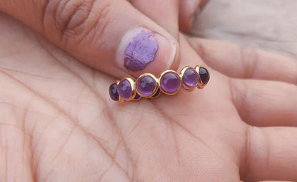 Trendy 925 Sterling Silver Gold Plated Gems Rings 3MM Handmade Amethyst Stone Round Shape Bezel Set Ring For Her Jewelry