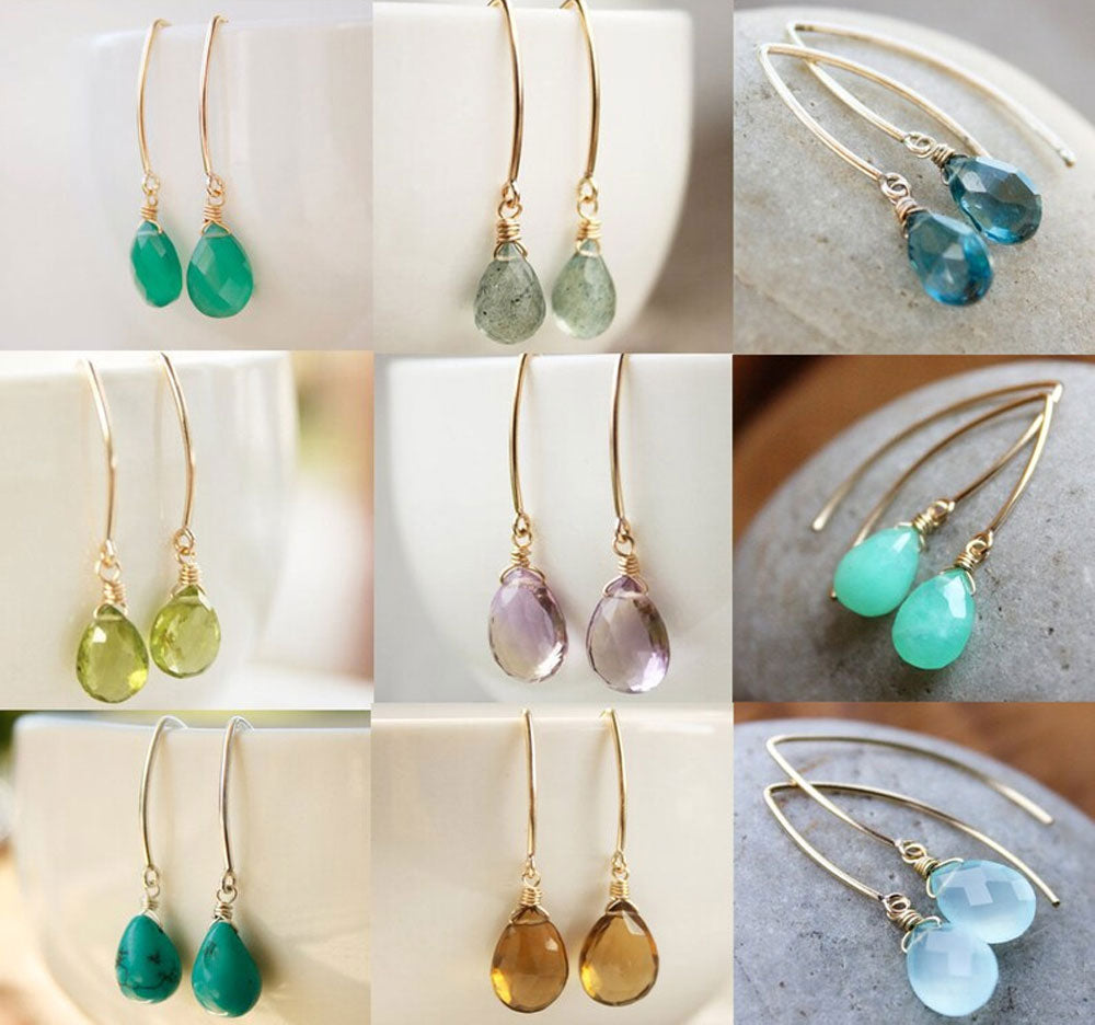 Blue Chalcedony Wire Wrapped Gold Plated Drop Earrings | Handmade