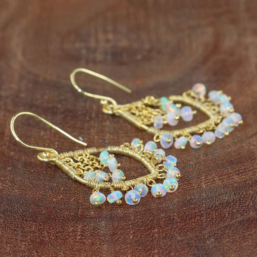 Handmade Metal Wire Wrapped Dangle Pair Earrings Ethiopian Opal Gemstone Stone Size 3To5MM Round Shape Wire Wrapped Setting Earring Foe Women's Gift Jewelry