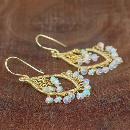 Handmade Metal Wire Wrapped Dangle Pair Earrings Ethiopian Opal Gemstone Stone Size 3To5MM Round Shape Wire Wrapped Setting Earring Foe Women's Gift Jewelry