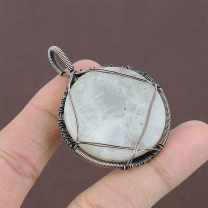 Handmade Copper Bezel With Wire Wrapped Tree Pendant Round Shape 25To30MM Rainbow Moonstone Gemstone Pendant For Happy Birthday Gift's