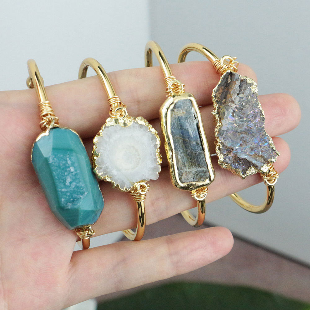 2025 Trendy 925 Sterling Silver Gold Plated Adjustable Bangles 15To20mm Any Shape Mixed Druzy Gemstone Bezel Setting For Anniversary Gift's Women or Men Jewelry For Her