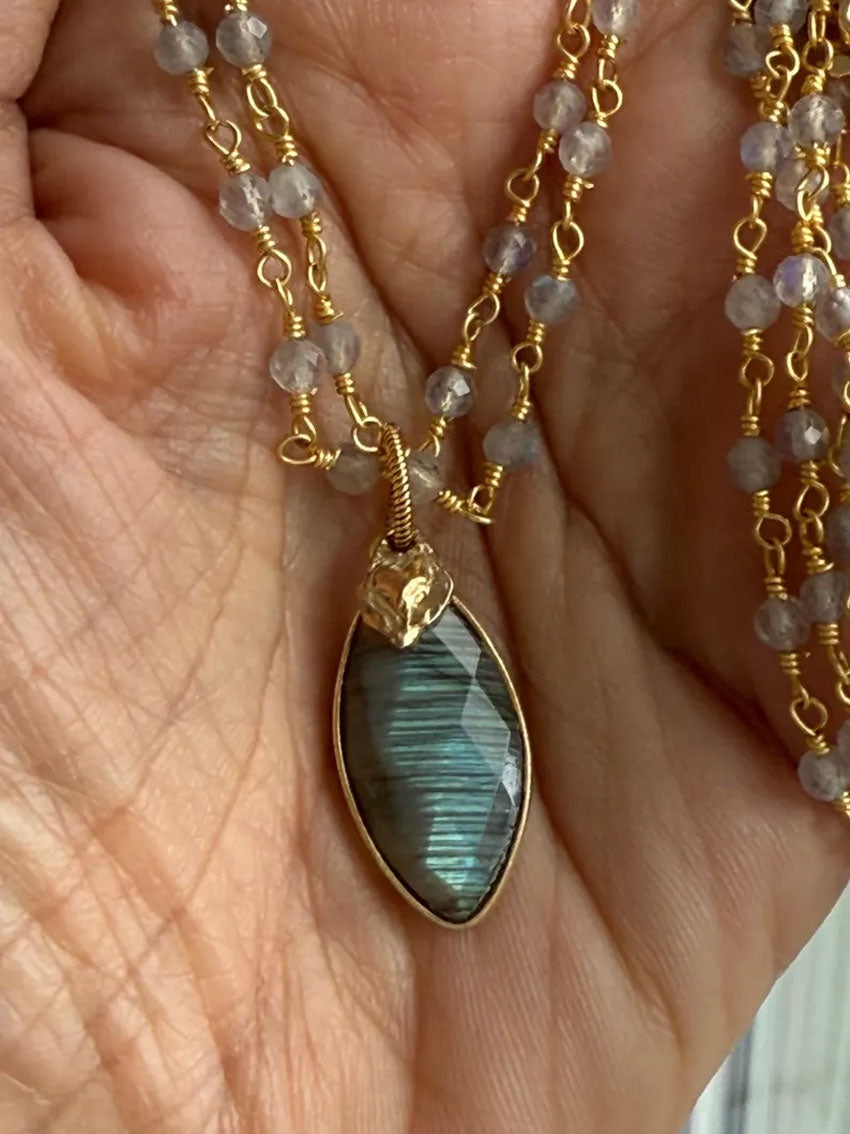 Handmade Wire Wrapped Brass Necklace Stone Size 8To16MM Pear Shape Labradorite Stone Bezel Set Necklace For Happy Birthday Gift For Women