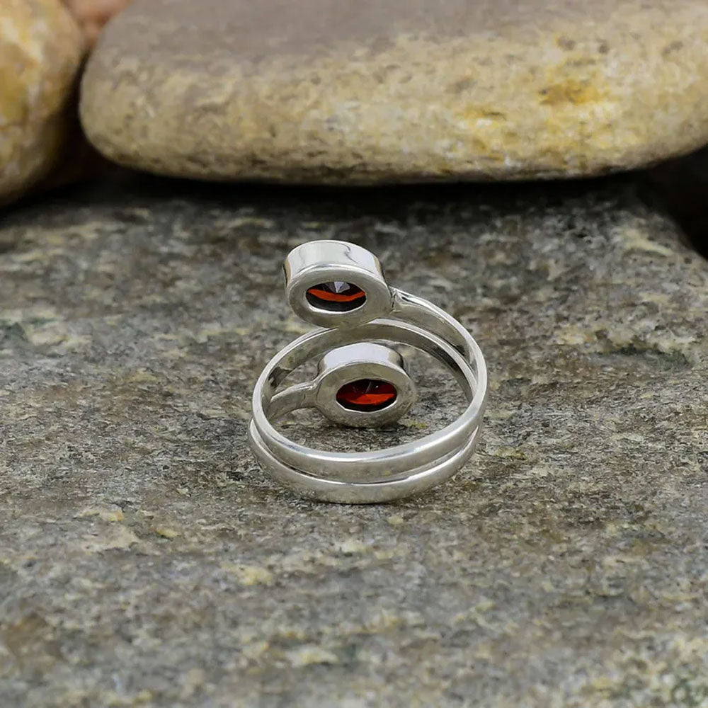 Silver Triple-Wrap Bypass Ring with Dual Garnet