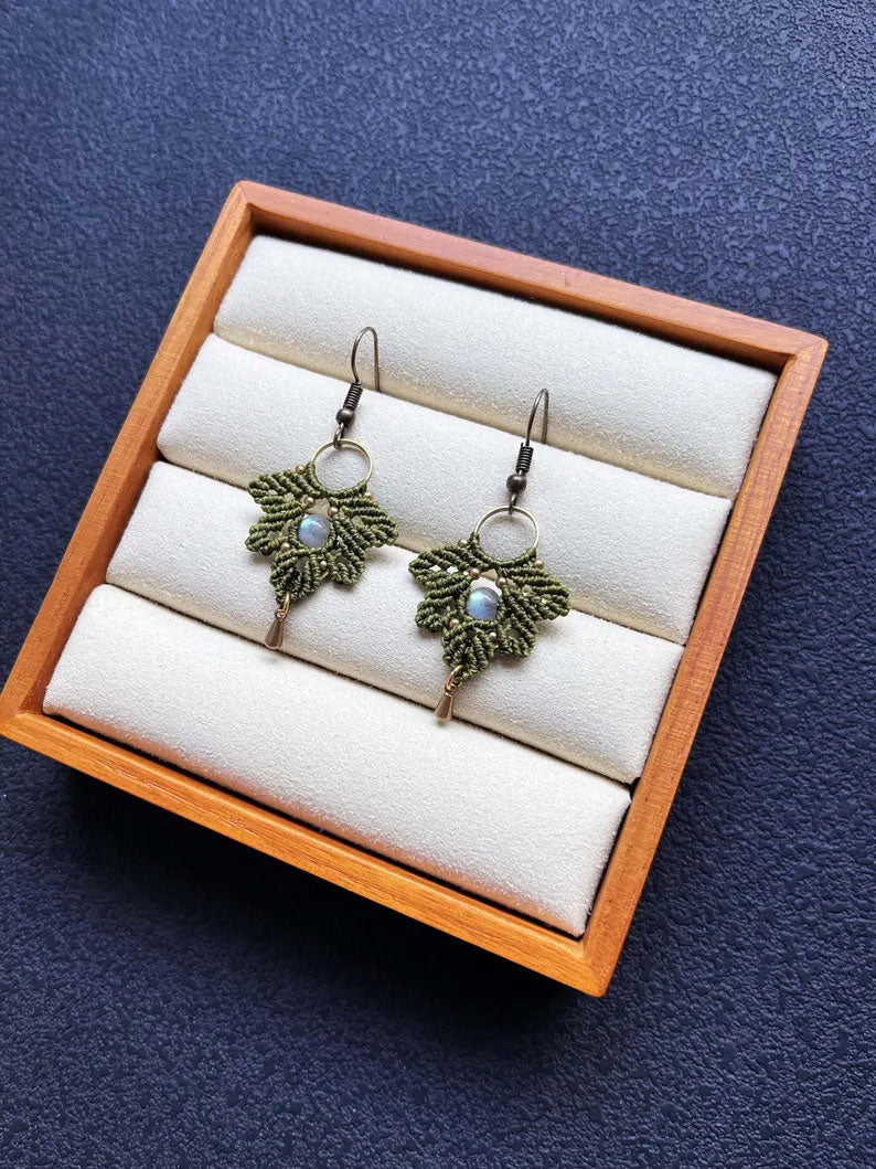 Forest Green Macrame Leaf Earrings | Hari Om Creations