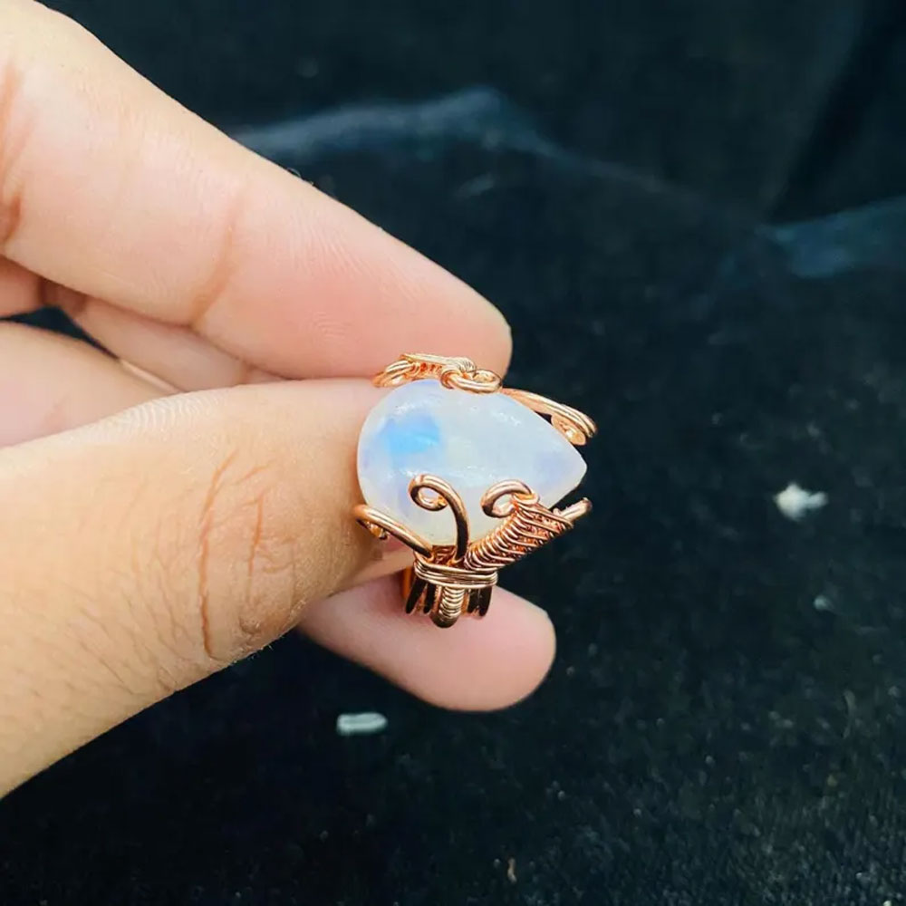 Adjustable Handmade Wire Wrapped Brass Ring Size 10To15 Oval Shape Opalite Quartz Stone Bezel Set Ring For Happy Birthday Gift For Women