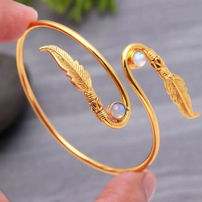 Boho Gold Feather Bypass Bangle with Moonstone Accents
