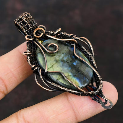 Trendy Handmade Copper Bezel With Wire Wrapped Pendant Round Shape 25To30MM Labradorite Gemstone Pendant For Happy Birthday Gift's