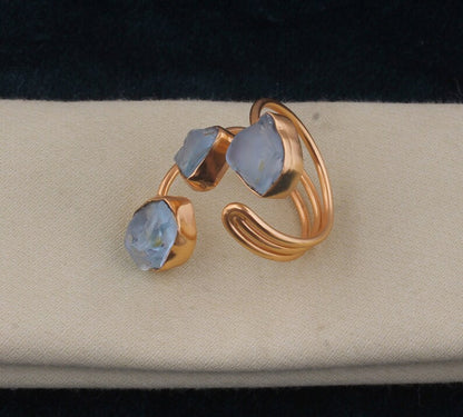 925 Sterling Silver Gold Plated Gemstone Rings 8X12MM Handmade Aquamarine Stone Raw Shape Bezel Set Ring For Her Jewelry