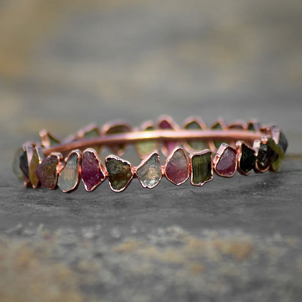 Adjustable Handmade Wire Wrapped Brass Bangle Size 10To15MM Raw Shape Multi Tourmaline Gemstone Bezel Set Ring For Happy Birthday Gift For Women