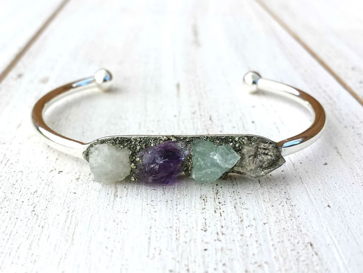 Adjustable Handmade Wire Wrapped Brass Bangle Size 10To15MM Raw Shape Multi Hydro Quartz Gemstone Bezel Set Bangle For Happy Birthday Gift For Women